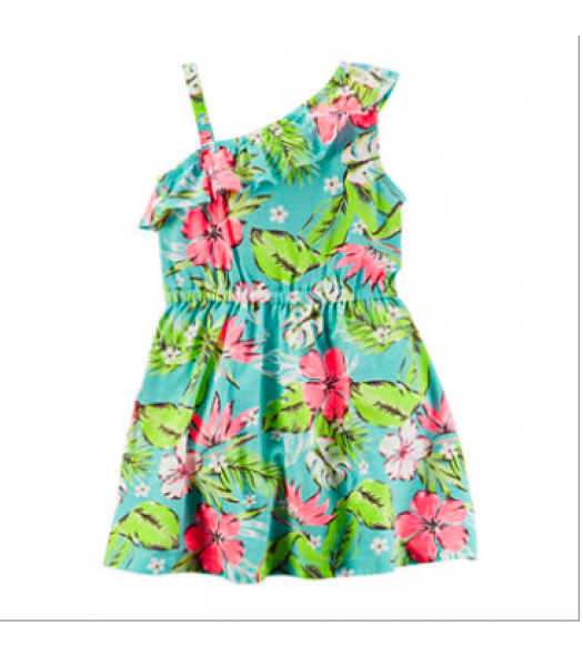 carters green/pink petals tropical ruffl dress
